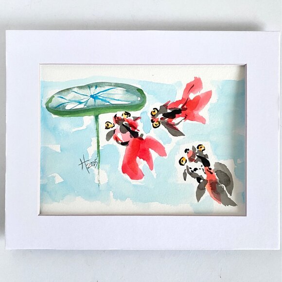 Playful Goldfish Original Watercolor Wall Art Painting 8x10in Matted Frame Ready - Picture 3 of 6